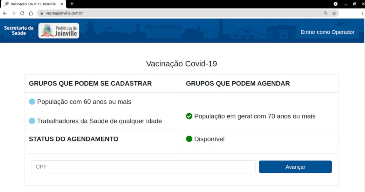 Página de vacinação Covid-19 da Prefeitura de Joinville no Agenda Saúde, com os grupos que podem se cadastrar e agendar e o campo de CPF.