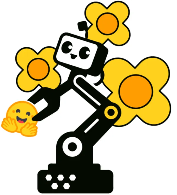 Ilustração do mascote do LeRobot: um braço robótico preto com rosto sorridente em uma tela, segurando o emoji de abraço da Hugging Face entre flores amarelas e laranja
