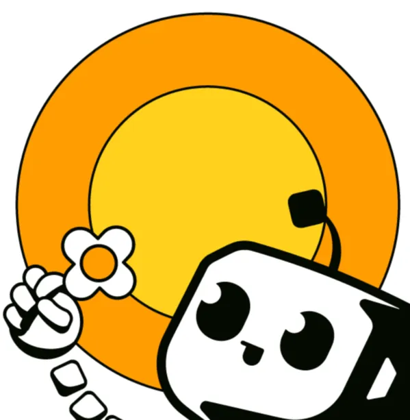 Ilustração do mascote do LeRobot espiando à frente de um sol laranja e amarelo, segurando uma flor branca