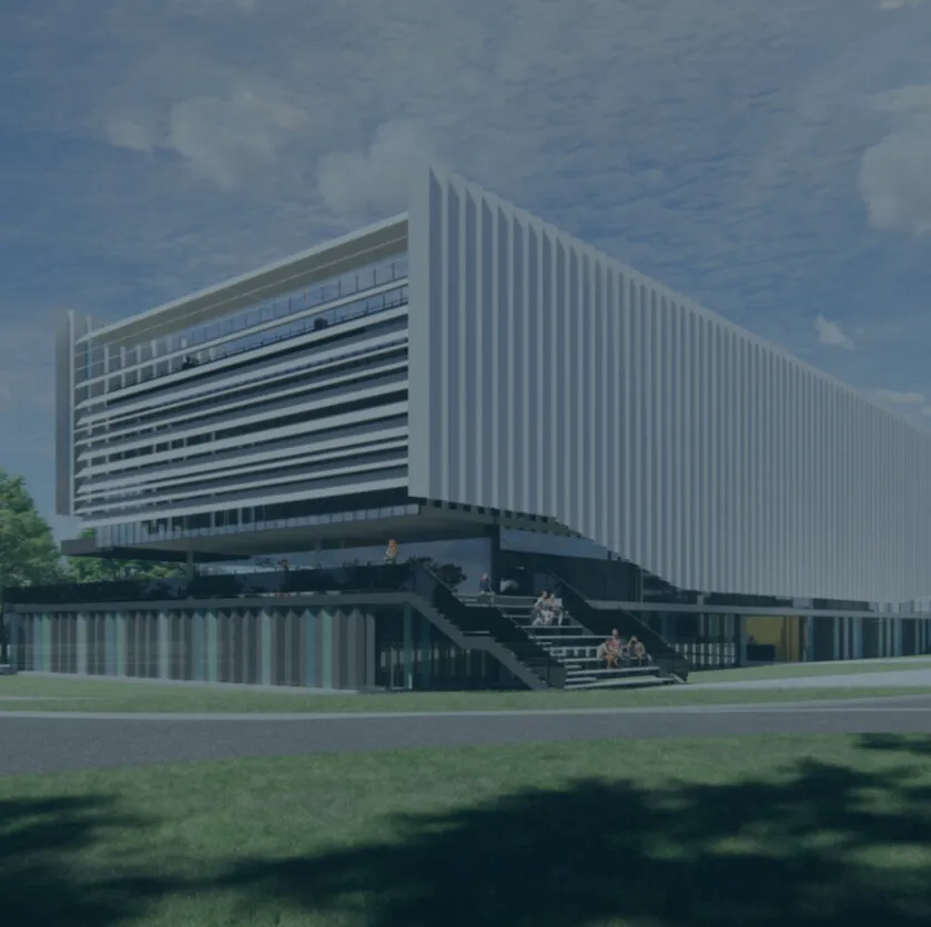 Ilustração do prédio Ágora Uni, no complexo do Ágora Tech Park, em Joinville