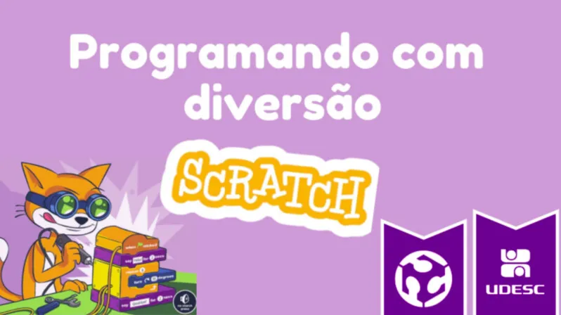 Arte 'Programando com diversão' com o personagem do Scratch e os logotipos do Fab Lab e da UDESC.